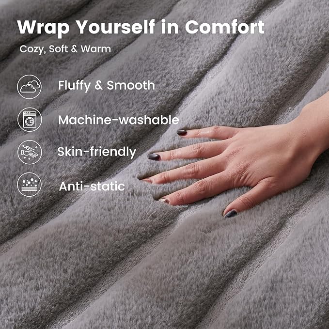Cozy Bliss Deluxe Sheared Rabbit Faux Fur Throw Blanket, Soft Fuzzy High-Low Sculpted Plush Blanket for Couch, Cozy Home Accent, All Season Use, Grey 50"x60"