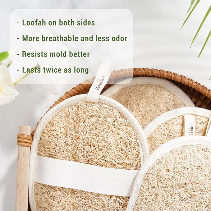 Herbvian Vietnamese Natural Loofah Exfoliating Body Scrubber Pads, 100% Plant-Based Shower Luffa Sponge, Bath Loofah for Women Men, 2-Pack