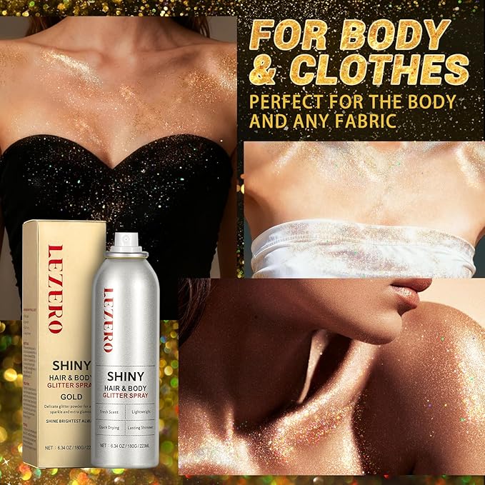 Hair and Body Glitter Spray for Women Kids, 6.34OZ Large Capacity Original Temporary Shimmery Glitter Spray for Festival Rave Outfits Accessories, Singer Concert, Wedding Season, Dazzle Gold