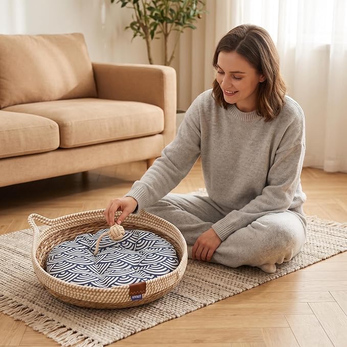 VIVIKIT Natural Cattail Cat Bed for Indoor Cats, 18.1" x 4.7" (Beige) | Naturalcattail, cotton trim, all season, scratch-proof, teaser ball, removable washable pad, for cats & dogs up to 22 lbs