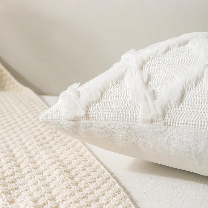 Set of 2 Soft Moroccan Throw Pillow Covers 12x20 Inch Plush Boho Decorative Pillow Cover Accent Cushion Case for Couch Sofa Bed, Cream White