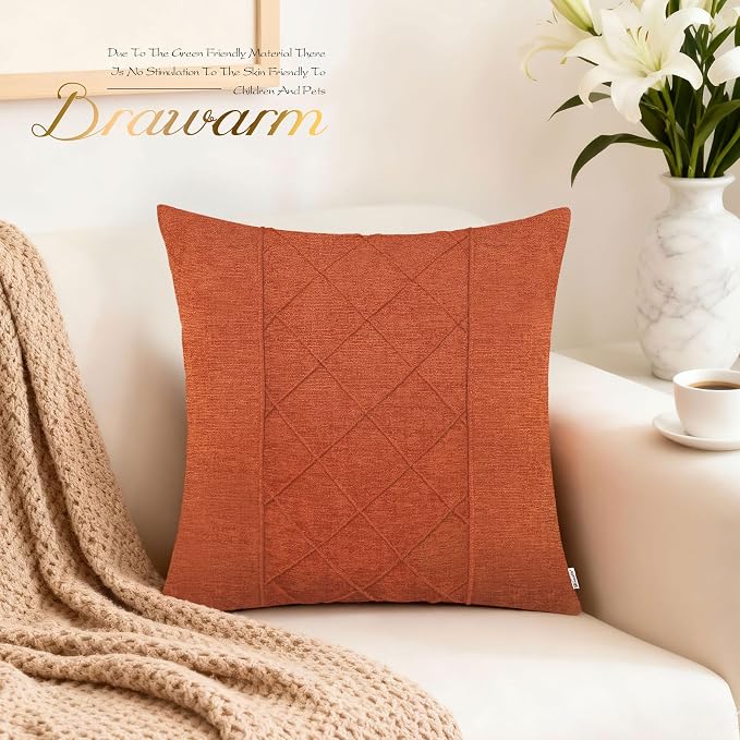 BRAWARM Chenille Throw Pillow Covers 20x20 Inches, Burnt Orange, 2 Pack | Decorative Pleated Pillow Covers, Soft Cushion Cases for Sofa Bed Living Room Home Farmhouse (No Insert)