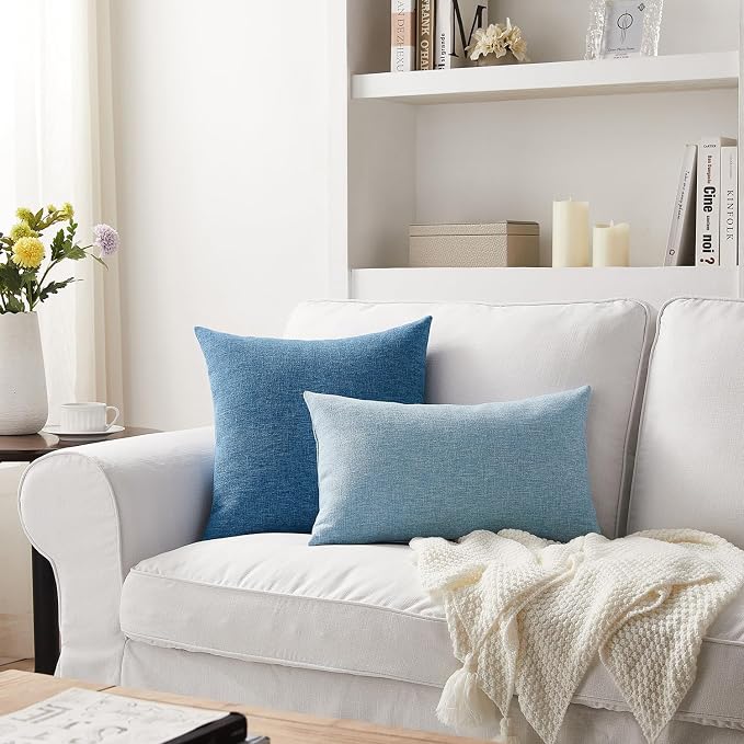 Meekio Set of 2 Blue Pillow Covers 22 x 22 Inch Farmhouse Boho Decorative Throw Pillow Covers Linen Cushion Covers for Sofa Couch Décor
