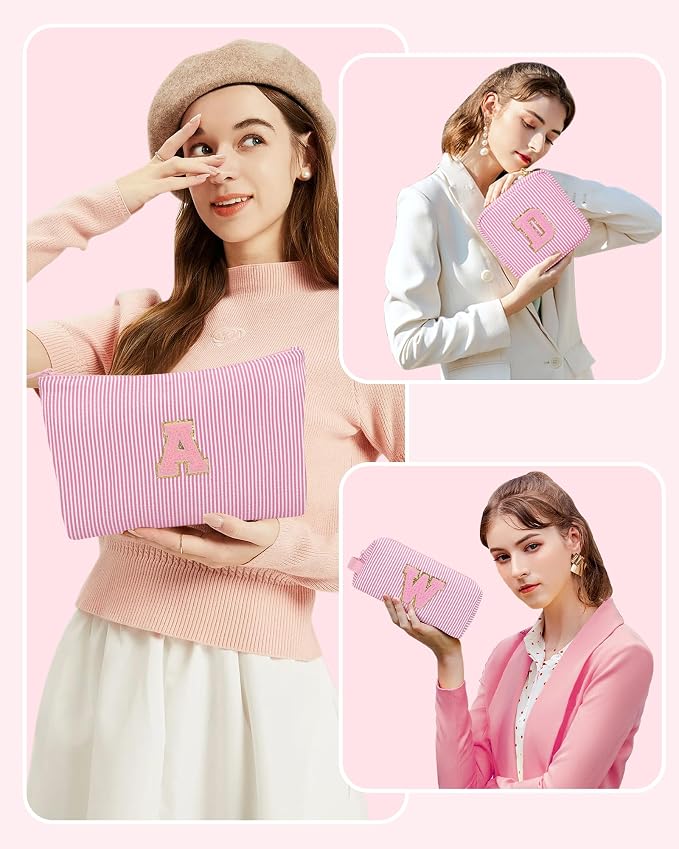 MONSTINA Personalized Initial Makeup Bag|Toiletry Bag for Women,Make Up Case for Girlfriend Bridesmaid Wife,Birthday Gift for Her Cute,3PCS,Pink C