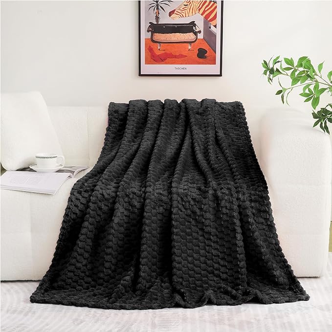 Puncuntex Black Throw Blanket 108"×90" inches Fuzzy 3D Jacquard Decorative | Flannel Fleece Super Soft Plush Cozy Blanket for Couch Sofa Chair Lightweight