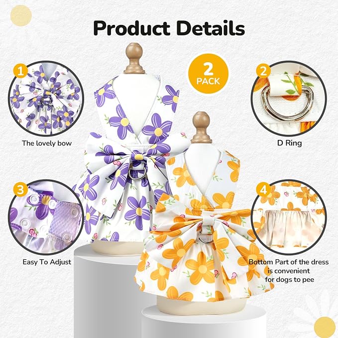 2Pack Small Dog Harness Dress for Girl Puppy Cat Dress with Flower Pattern Bow Adjustable Breathable Lining Back D-Ring Cute Outfits for Small Puppy, Cat Dresses for Cats Only or Dog Girl Clothes
