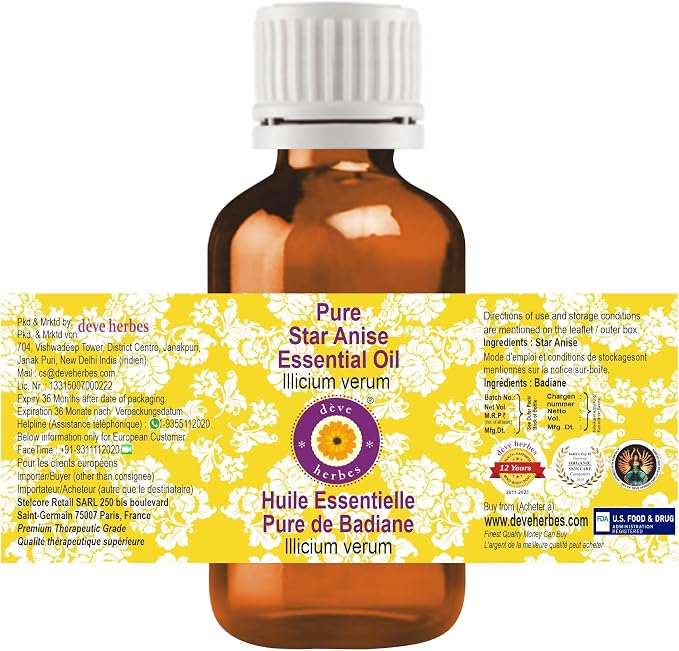 Deve Herbes Pure Star Anise Essential Oil (lllicium verum) Steam Distilled 50ml (1.69 oz)