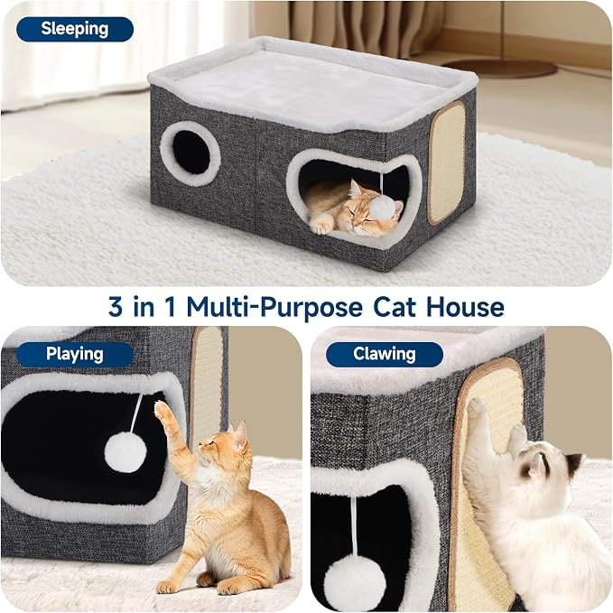 Shikha Extra Large Cat House Bed for Multi Cats with Scratch Pad Grey | 24 x 17.7 x 12.6 IN Widen Cat Cave Cube for Multi Pets, Foldable, Arc-Edge Design, Oval Door, All Seasons Reversible Cushion