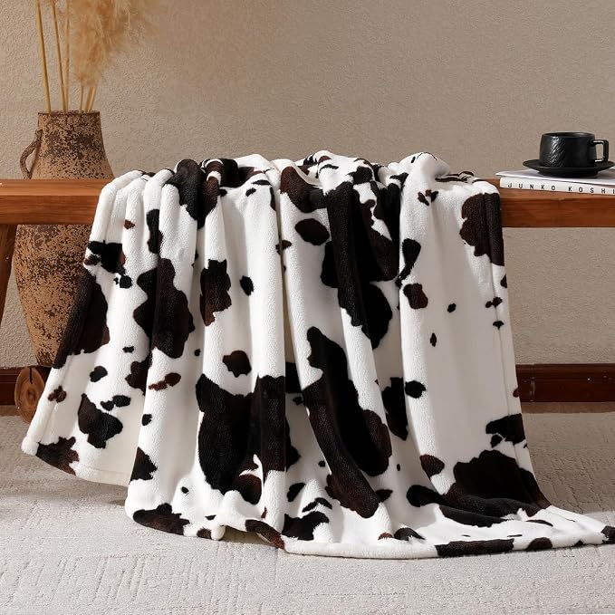 Cozy Bliss Cow Print Fuzzy Throw Blanket for Couch - Thick Soft Warm Non Shedding Fleece Blankets for Western Décor Room, for Kids, Women Men Girls, Black Brown 40"*50"