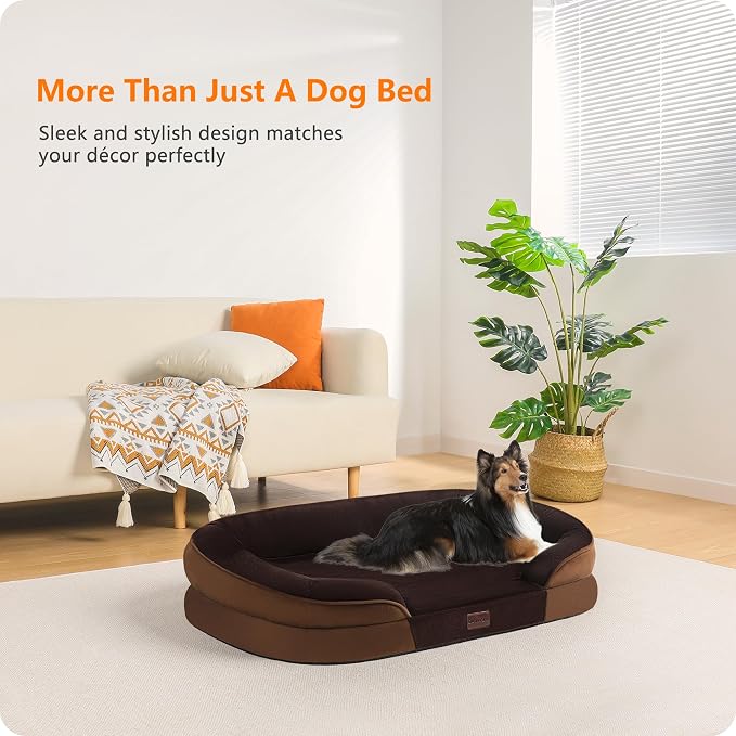 Dwanton Orthopedic Waterproof Large Dog Bed Sofa, Gel Memory Foam, 38" | Egg-Crate Foam Dog Sofa, Washable Pet Bed with Four Sided Bolster Cushion, Removable Cover & Non-Slip Bottom, Brown