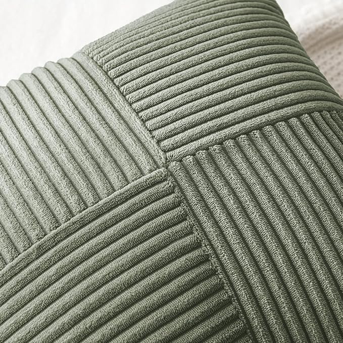 MIULEE Light Olive Green Decorative Throw Pillow Covers for Couch 18x18 in | 2 Pack, Boho Farmhouse Pillow Covers, Soft Cross Corduroy Patchwork Textured Cushion Cases For Bed Sofa