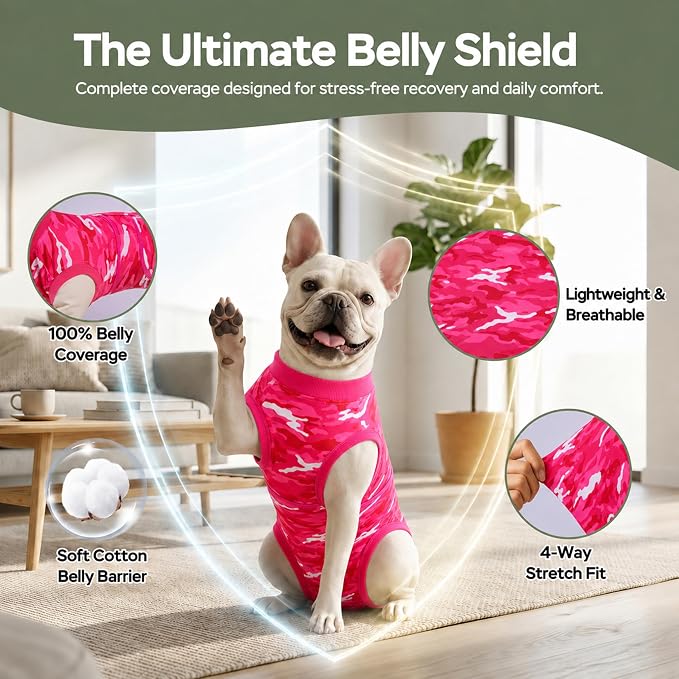 PetWarm Surgical Suit for Dogs, Pet Surgical Recovery Onesies Suit, Surgery Suit for Dogs, Professional Dog Abdominal Wounds Bandages, Camouflage Pattern, Pink, XS