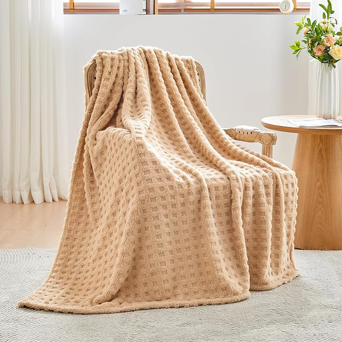 NEWCOSPLAY 3D Waffle Checkered Flannel Twin Blanket, Brown, 60"x80" | Super Soft Cute Lightweight Decorative Premium Silky Fleece Blanket for Couch Sofa Bed, Gift for Women Men, All Season Use