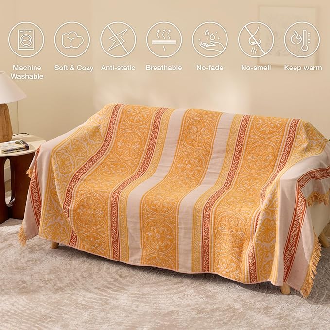 100% Cotton Boho Throw Blanket for Home Decor – Classic Farmhouse Quilt Bedding, Muslin Blankets for Adults, Vintage Woven Decorative Blanket for Couch, Bed Layering Use, Bohemian Stripe, 50"x60"