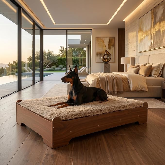 Elevated Wood Dog Bed Frame with Foam Mattress, WalnutPattern, L | Raised Dog Bed with Washable Cover, Furniture-Style Design for Indoor Living