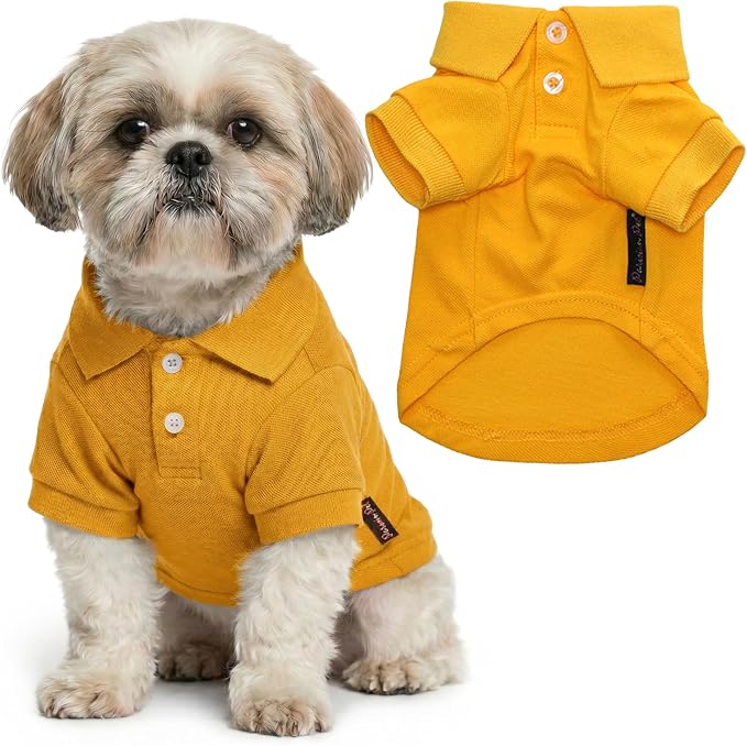 Parisian Pet Dog Polo Shirt – Classic Yellow Cotton Pet Apparel with Collar & Button, Soft Breathable Puppy T-Shirt - Cute Dog Clothes - Ideal Summer Clothes for Medium Dogs - Shirts for Dogs Boy Girl