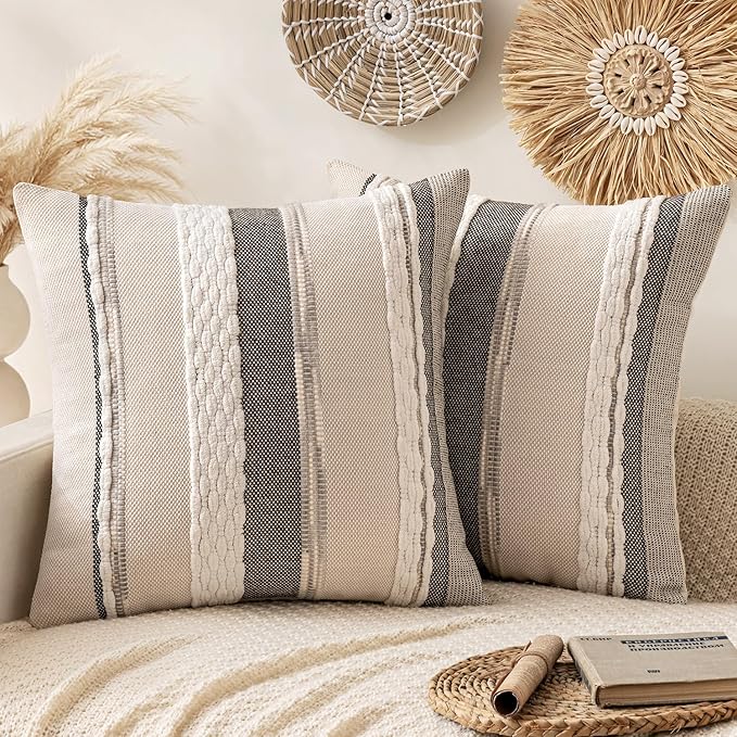 ANRODUO Boho Decorative Throw Pillow Covers White Stripe 18x18 Pack of 2 | Throw Pillow Covers, Farmhouse Cushion Case, Chenille Pillow Cases, Pillow Covers, Neutral Pillowcase for Sofa Couch Bed