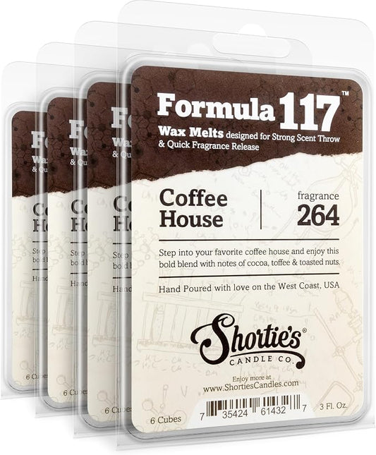 Shortie's Candle Company Coffee House Premium Wax Melts 4 Pack - 12 Oz., Strong & Long Lasting, Non-Toxic - Made with Essential & Natural Oils - Formula 117