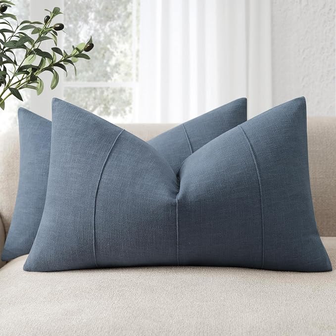 12x20 Pillow Covers Set of 2 Decorative Linen Lumbar Pillow Covers Solid handcrafted Striped Cushion Covers for Bed Soft Modern Farmhouse Neutral Pillowcase for Couch Bedroom Living Room (Slate Blue)