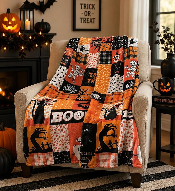 Halloween Fleece Throw Blanket, Patchwork Witch & Haunted House, 50x60 in | Ultra-soft cozy flannel fleece, for sofa couch bed chair & dorms, spooky Halloween décor, durable and machine washable.