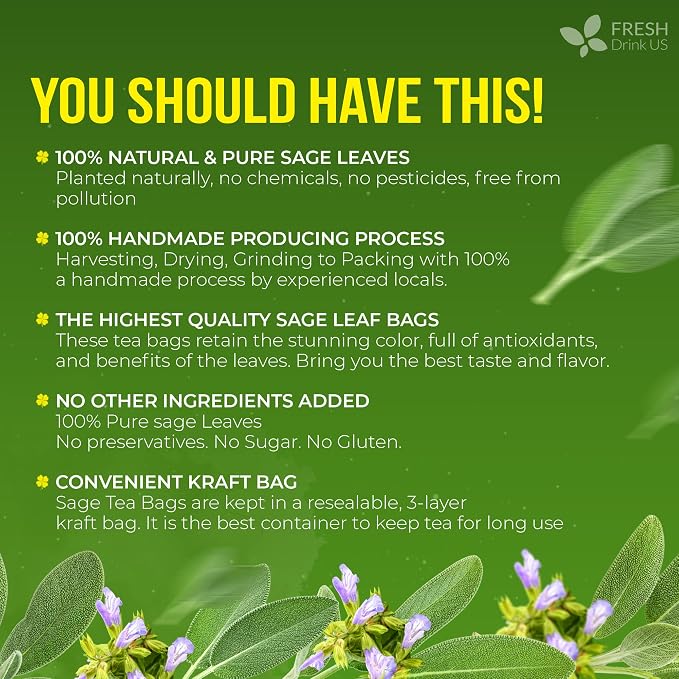 FreshDrinkUS, Premium 135 Sage Leaf Tea Bags, 100% Natural & Pure from Sage Leaves. Loose Leaf Herbal Tea. Made with Natural Material Tea Bags. No Sugar, No Caffeine, No Gluten, Vegan.