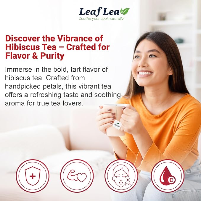 LeafLea 40 Premium Natural Hibiscus Tea Bags, 100% Pure from Hibiscus Flowers, Caffeine-Free Herbal Tea, Hibiscus Flower Tea Rich in Natural Goodness and Flavor, No Sugar, Gluten-Free, Vegan
