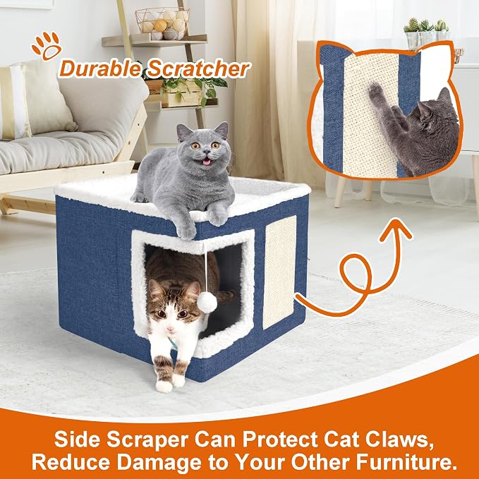 Loyareal Cat Houses for Indoor Cats - Large Cat Bed Cave with Scratch Pad and Fluffy Ball, Foldable Cat Condo Hideaway with Reversible Cushion for Multi Small Pet, Navy Blue