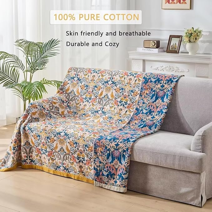 Boho Throw Blanket Farmhouse Decor Throw Blanket Bohemian Blanket for Bed 100% Cotton Muslin Woven Couch Blanket All Seasons Quilt Bedroom (A-Whiite, 50"x60")