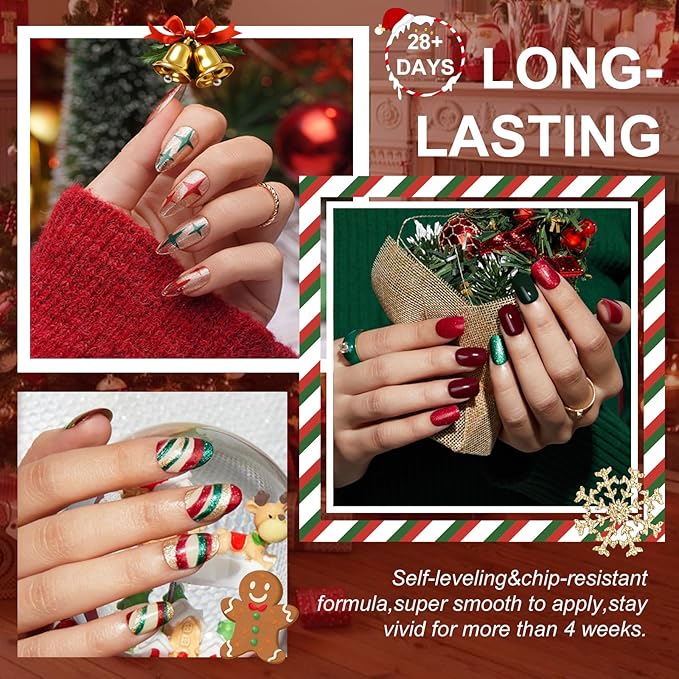 Red Christmas TPO Free Gel Nail Polish Set,6pcs 10ml red gold Green Glitter Sparkle Winter Long-lasting Soak Off UV Light Cure Gel Polish Kit for Salon and as a Gift for Daily Life at Home