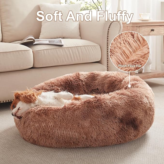30 in Faux Fur Fluffy Donut Dog Bed for Medium Dogs,Tie-dye Brown | Calming Plush Round Pet Bed with Removable & Washable Cover,Fits up to 45 lbs Pets
