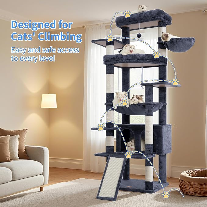 Heybly Tall Cat Tree for Large Cat, 80-inch Multi-Level Cat Tower HCT038G | Condo Furniture for Indoor Cats with Large Baseboard, 2 Widened Plush Perches, Scratching Board, Big Caves, Smoky Gray