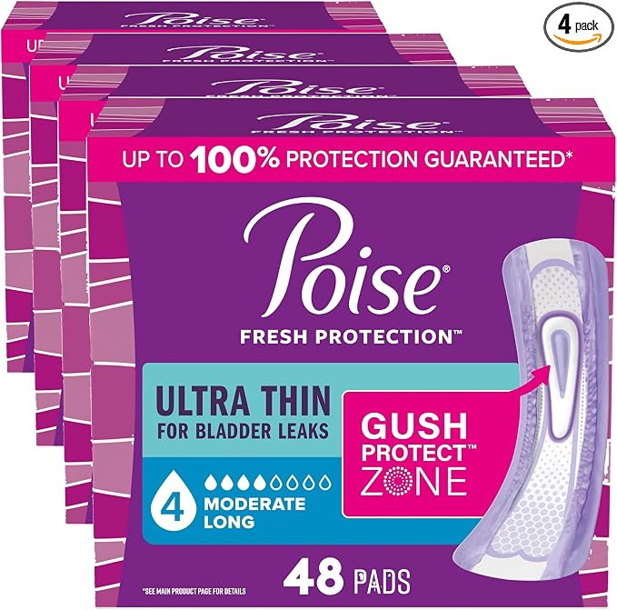Poise Ultra Thin Incontinence & Postpartum Pads for Bladder Leaks, 4 Drop Moderate Absorbency, Long Length, 48 Count (Packaging May Vary) (Pack of 4)