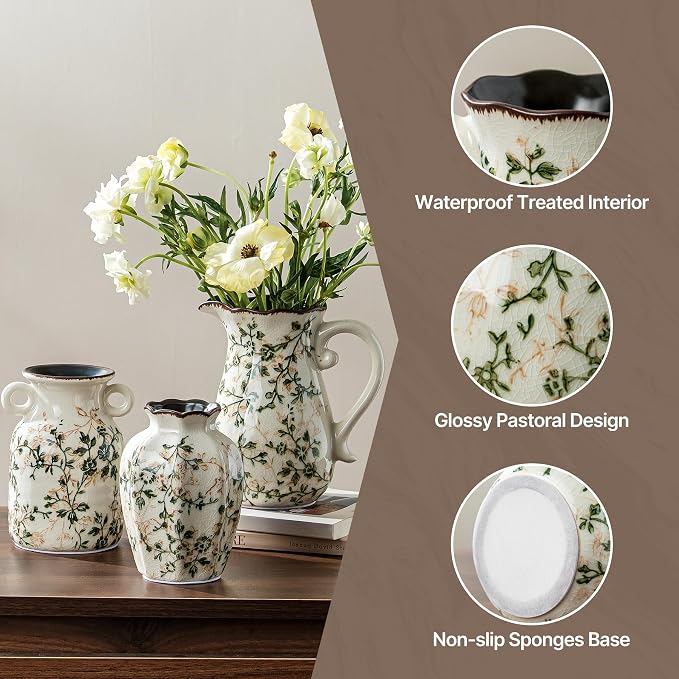 Ceramic Flower Vase Set for Home Decor, Vintage Green Vase (6+6+7 Inch) | Rustic Farmhouse Floral Vase for Kitchen, Bookshelf, Living Room, Coffee Table, Mantel, Entryway, Wedding Centerpiece
