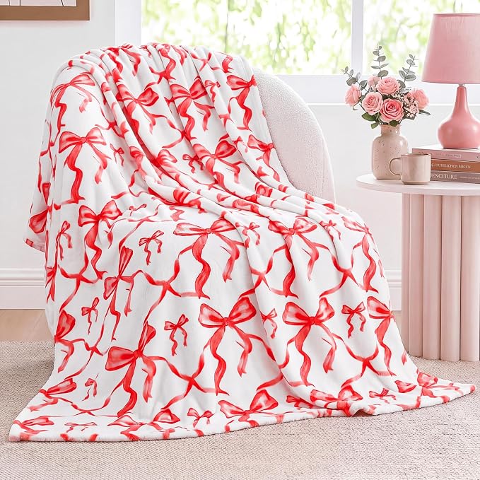 Red Bow Throw Blanket 50"x60" Soft Flannel for Girls Women | Coquette Aesthetic Decor with Ruffled Edges, Ultra Plush Bed Sofa Blanket, Preppy Gift for Teens, Back to School Dorm Room