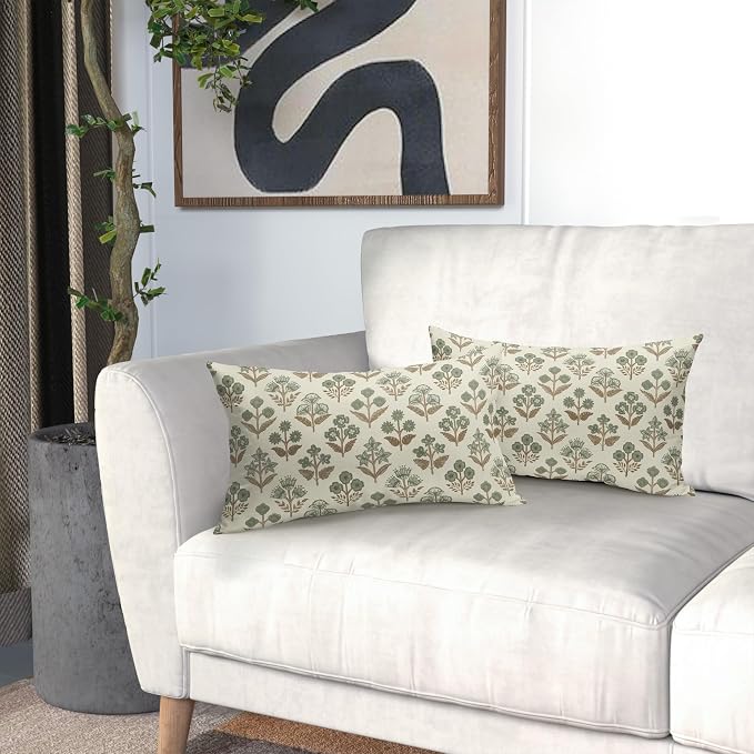Brown Green Floral Pillow Covers 12x20 Inch Set of 2, Block Print Lumbar Flower Cream Decorative Throw Pillowcases Outdoor Farmhouse Rectangle Cushion Covers Spring Summer Sofa Couch Bed Decor