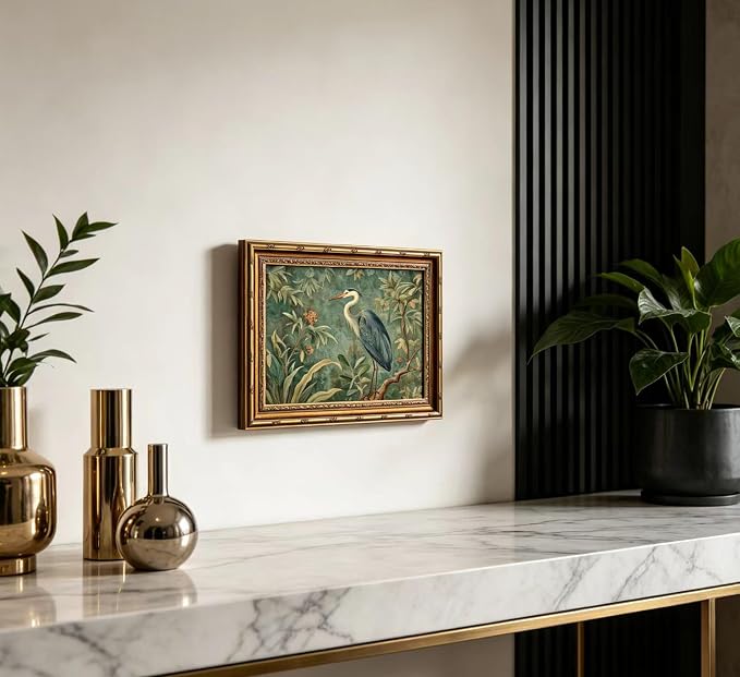 Vintage Gold Framed Canvas Wall Art Blue Heron Nature Wildlifate Painting Picture Wall Decor Botanical Birds Poster Print Artwork for Living Room Bedroom Office Home Decoration