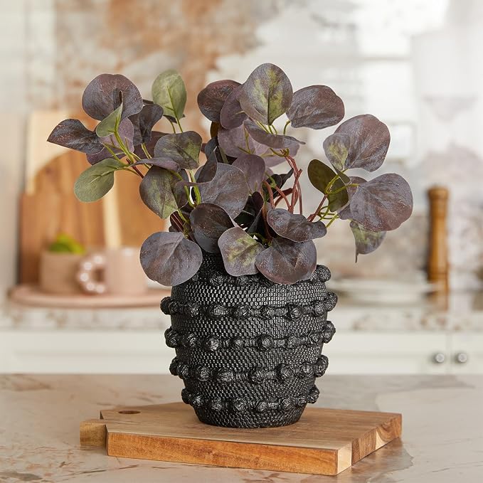 DN DECONATION Black Rustic Farmhouse Vase, 6.3" Flower Vase for Home Decor | Textured Boho Vase, Cement Decorative Flower Vases with Rope Knots for Living Room, Table Centerpiece, Shelf, Mantel Decor