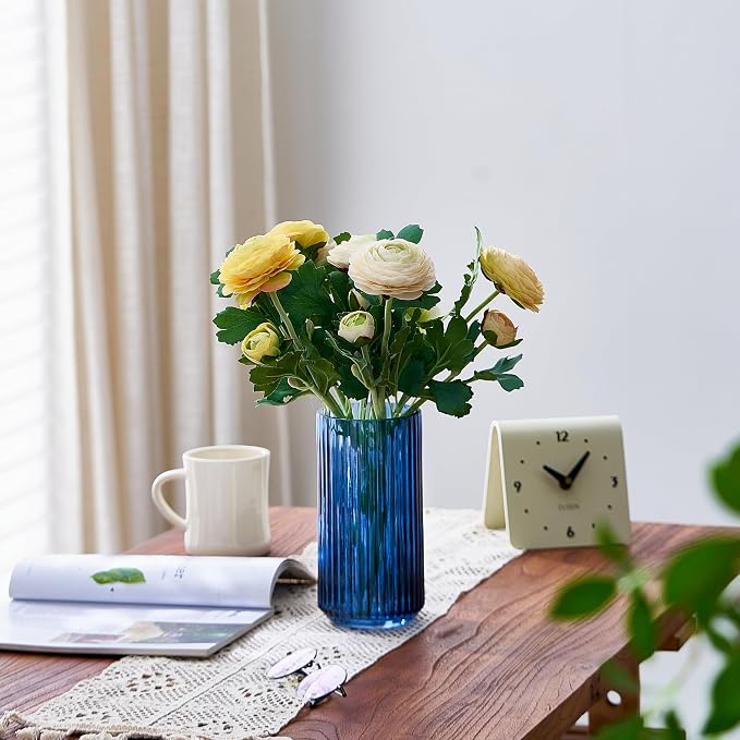 7.5 inch Blue Glass Flower Vase for Pampas Grass, Medium Decorative Centerpiece Ribbed Vase for Dining Table, Office Desktop, Shelf Bookshelf, Mantel, Entryway, Bathroom, Countertop,Gift