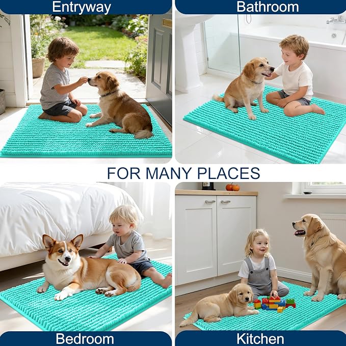 OLANLY Dog Door Mat for Muddy Paws 24x16, Extra Absorbent Chenille Mud Mat | Teal, Absorbs Moisture and Dirt, Non-Slip Machine Washable Doormat, Quick-Drying Indoor Entryway Floor Mat for Dogs