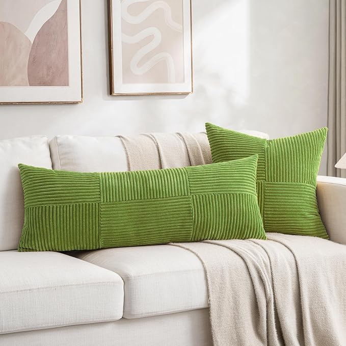 Fancy Homi Set of 1 Lime Green Boho Long Lumbar Body Decorative Throw Pillow Cover 14x36 Inch for Bed Couch Bedroom Bench, Soft Patchwork Corduroy Textured Pillow Case, Modern Room Decor