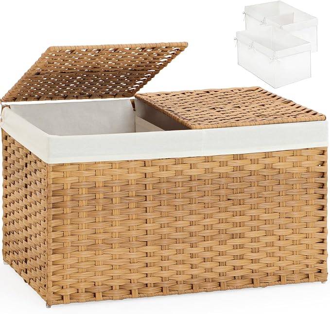 SETVSON Storage Basket with Lid, 2-Lid PE Rattan Storage Bin, Natural | 105L Storage Bin with 2 Separate Lids, 2 Removable Liners for Clothes & Blankets, Sturdy Metal Frame, PE Rattan