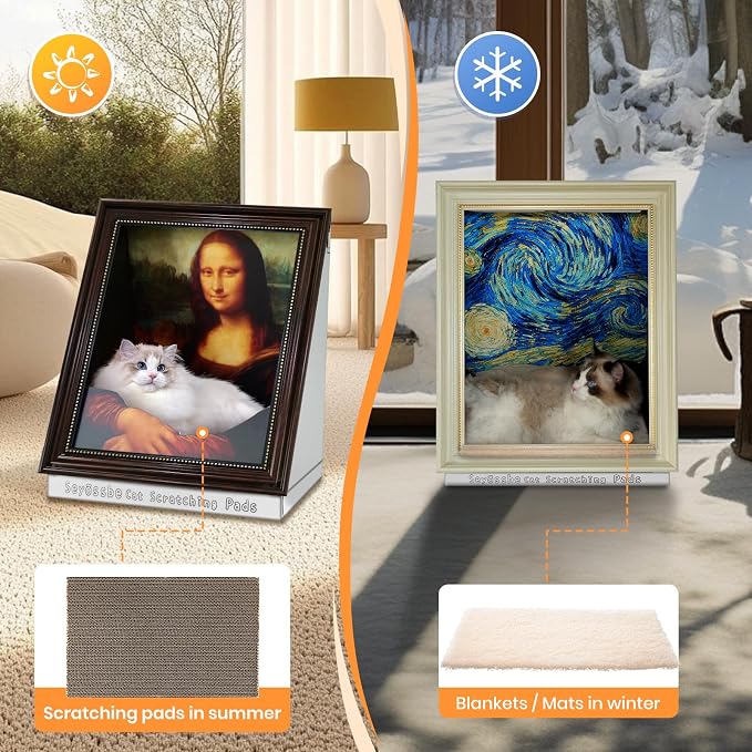 Cardboard Cat House for Indoor Cats Mona Lisa Cat Scratcher with Catnip | Frame Pre-Taped Girl With A Pearl Earrings Art Cat Scratcher Half-Surround Design