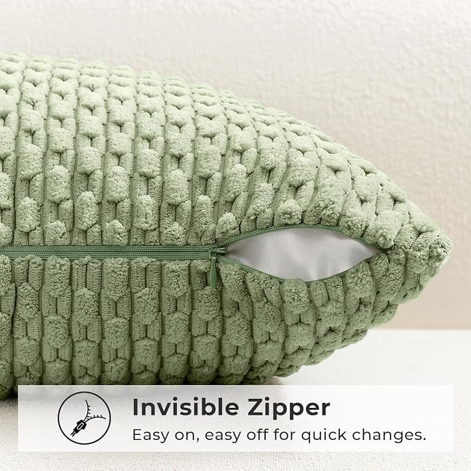 Kevin Textile Soft Corduroy 16"x26" Lumbar Pillow Cover 1 Pack, Sage Green | Boho Stripe Plush Corduroy Decorative Oblong Cushion Cover Modern Farmhouse Home Decor for Sofa Couch Bed Chair