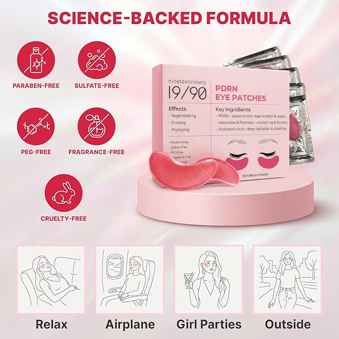 19/90 PDRN Revitalizing Hydrogel Eye Patches for Dark Circles & Puffiness - Pink, Caffeine, Hyaluronic Acid, Hydrating Treatment for Women - Under Eye Mask, Brightening, Cooling - Pink (15 Pairs)
