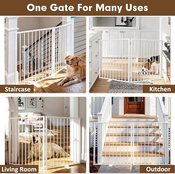 52" Extra Wide Dog Gate Indoor, Heavy Duty Metal Freestanding Dog Gate-Auto Close, Foldable Pet Fence – Anti-Topple Stability Feet for Stairs, Doorways,House,Porch,Deck,Yard(2 Panels,White)