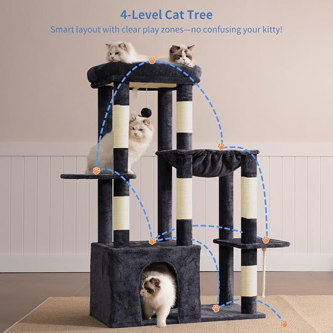 Heybly Heavy Duty Cat Tree with Large Base for Large Indoor Cats HCT026G | Cat Tower with Scratching Posts, Tall Cat Condo House , Multi-Level Plush Furniture with Hammock & Toy Balls, Smoky Gray