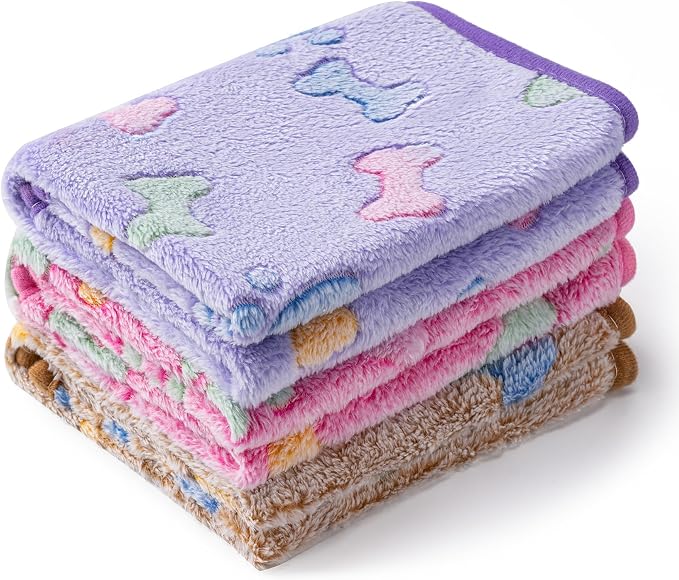 1 Pack 3 Blankets for Dog Puppy Cat (Large 41x31'', Purple, Pink, Brown) | Super Soft Fluffy Premium Fleece Pet Blanket Flannel Paw Printed Throw