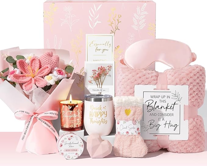 Birthday Gifts for Women, Spa Self Care Package Get Well Soon Gift Baskets | Sympathy Gift Set w/ Crochet Flower Bouquet, Christmas Thinking of You Gifts Basket for Women Mom Her Best Friend Sister Wife