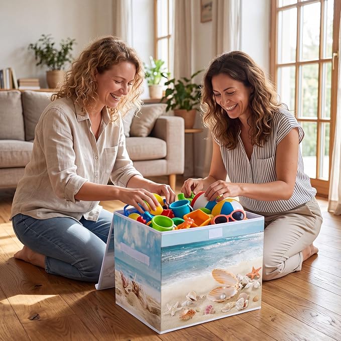 Briwooody Summer Beach Storage Bin with Lid and Carrying Handle Coastal Foldable Storage Box Large Ocean Seashell Decorative Collapsible Container Basket for Organizing Closet Home Bedroom Gift