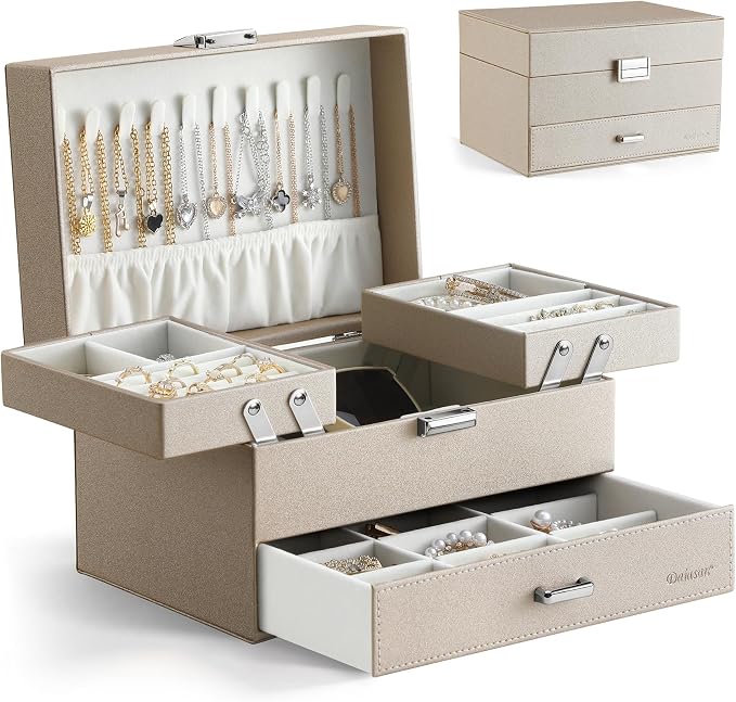 Jewelry Organizer Box, Large Jewelry Boxes for Women Girls, Space-Saving 3 Layers Jewelry Storage Case with Drawer, Movable Metal Stand, Modern, Gift Idea (Champagne)